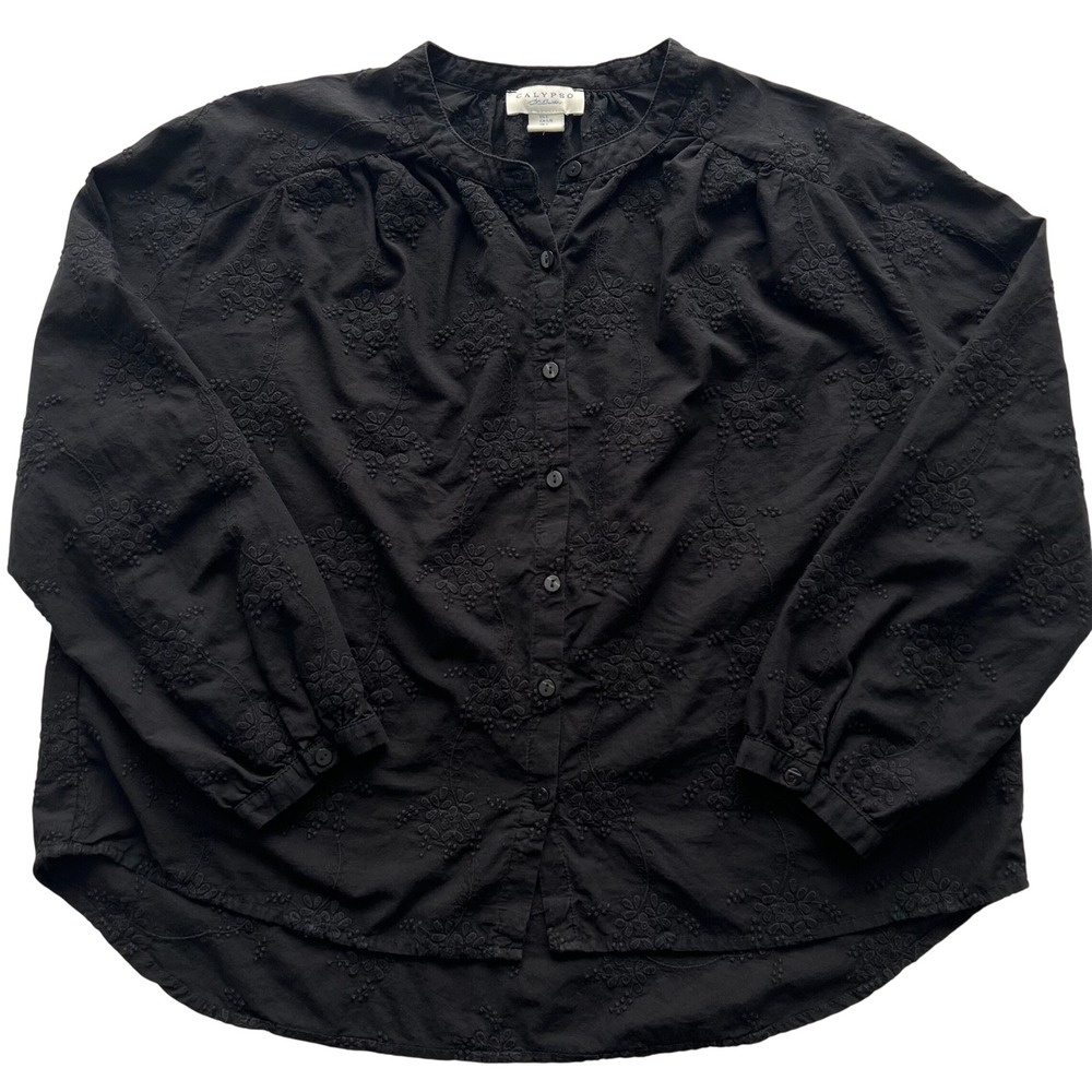 Calypso St. Barth Women L Blouse Black Floral Eyelet Embroidered Button Down Top